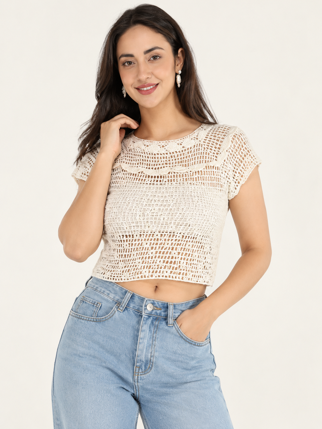 Women’s White Embroidered Crochet Neckline Crop Top